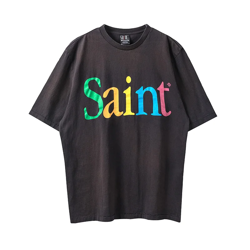 Wash Retro Saint T Shirt Men Woman High Quality Chaopai Colorful Letter Printing Loose Casual Trend Tops Tee