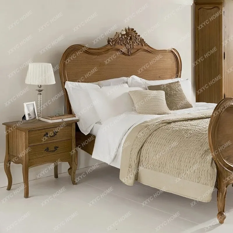 XX L retro solid wood carving flower bed antique villa bedroom home made old double bed