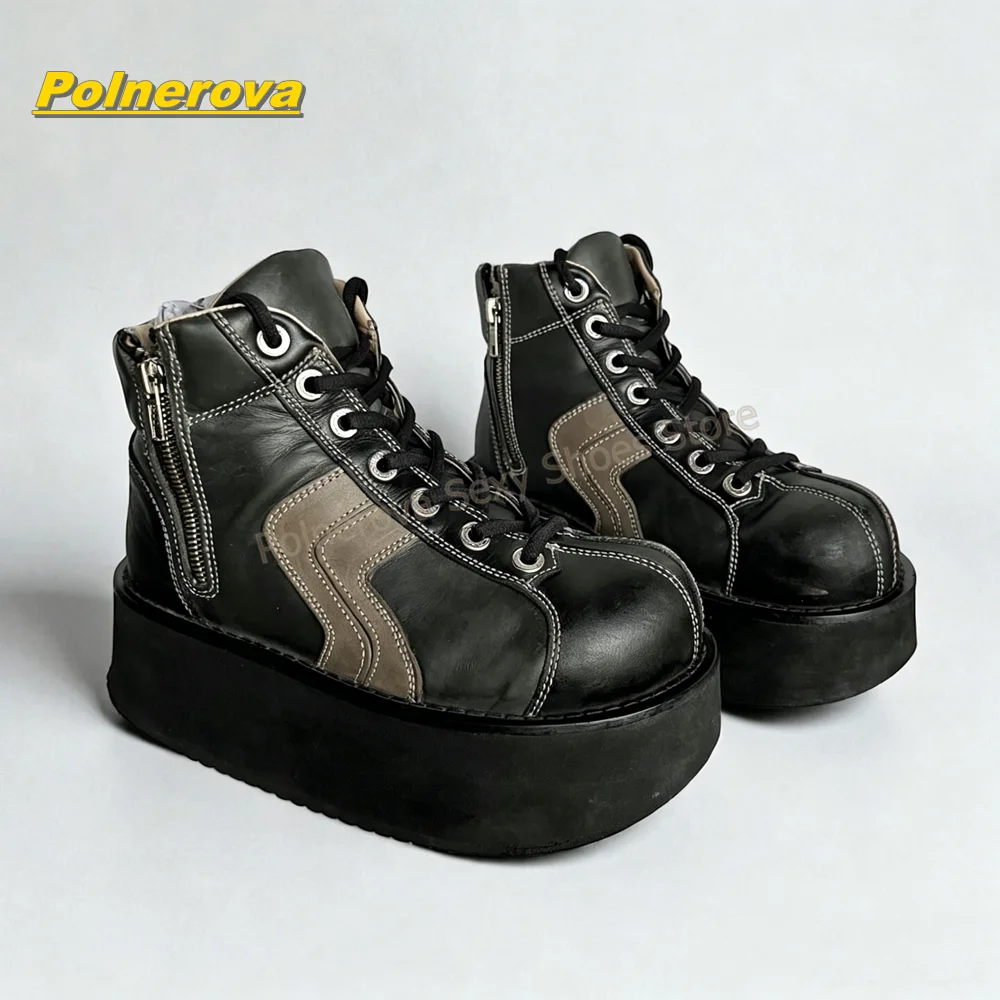 Gothic Two Tone Leather Platform Sneakers Round Toe Thick Sole Side Zip Lace Up Y2K Club Street Style Ankle Boots 2026 New Trend