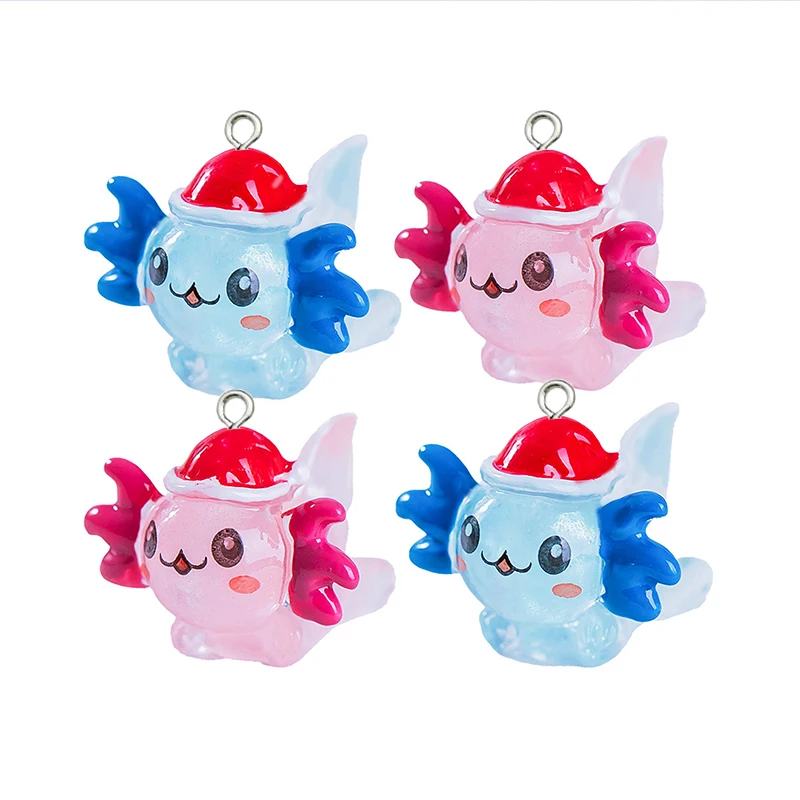 10Pcs Luminous Resin Axolotl Charms Kawaii Cartoon Christmas Hat Hexagon Dragon Pendant for Earrings Bracelet DIY Jewelry Making