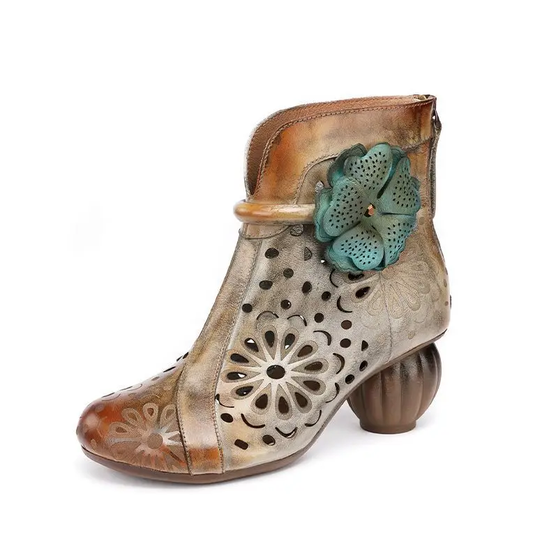 

Этнические туфли-лодочки из коровьей кожи 6 см, летние полые сандалии, модные резиновые женские ботильоны на массивном каблуке, обувь на молнии