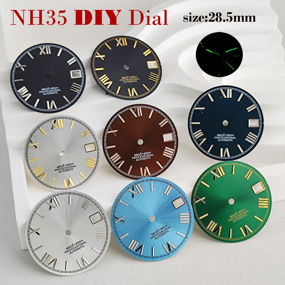 

Циферблат для часов 28,5 мм NH35 с римскими цифрами, шкалой и календарем, подходит для механизмов NH35 и NH36, аксессуары для часов.