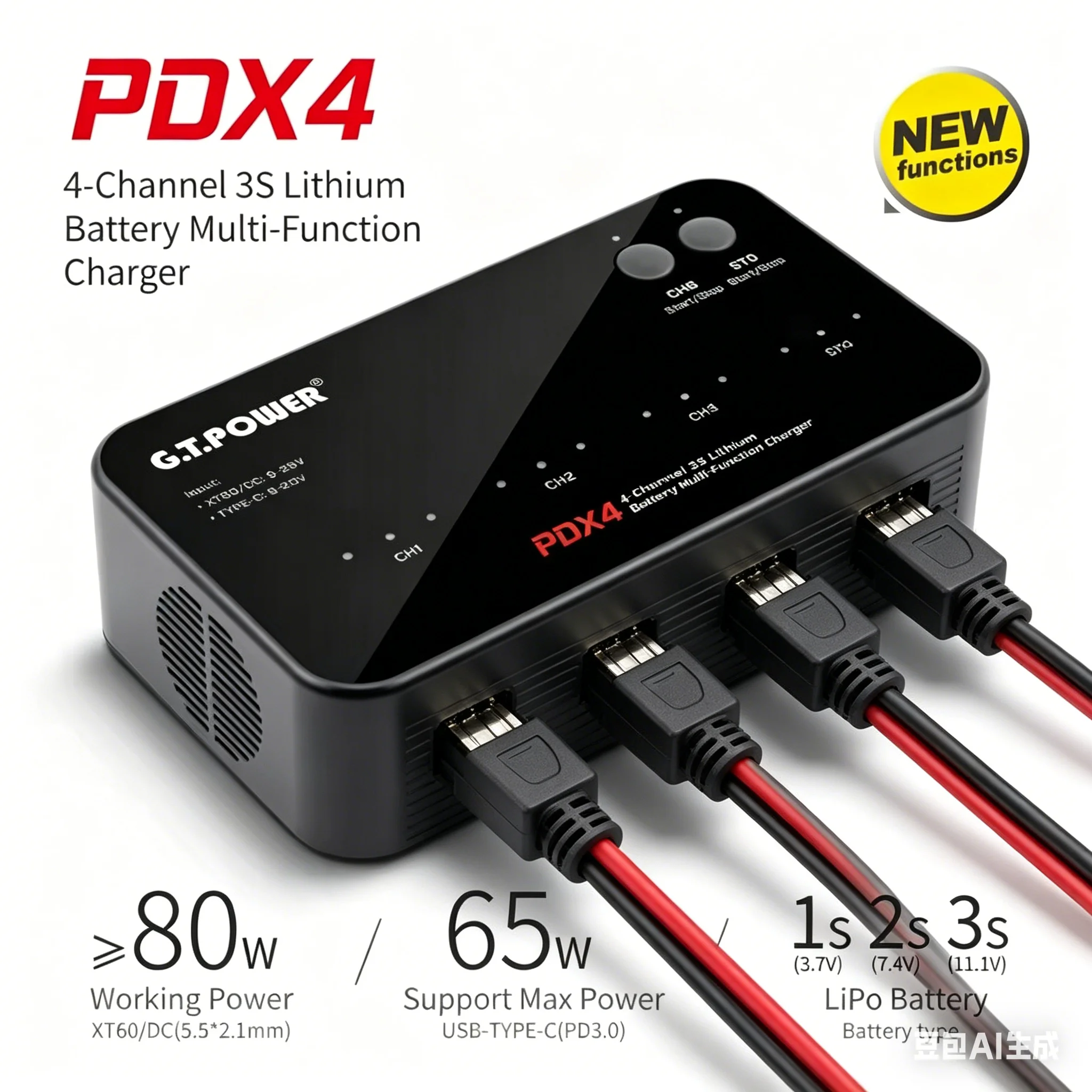 GT POWER PDX4 80W 4CH 3S Lithium-Akku, multifunktionales Lithium-Polymer-Balancierladegerät für RC-Auto, Hubschrauber, FPV-Drohnen
