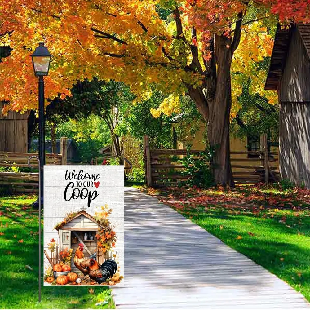 Welcome To Our Coop Garden Flag Fall Chickens Yard Flags for Outside 12x18 Inch Double Sided Autumn Maple Leaf Pumpkins Farm zzo