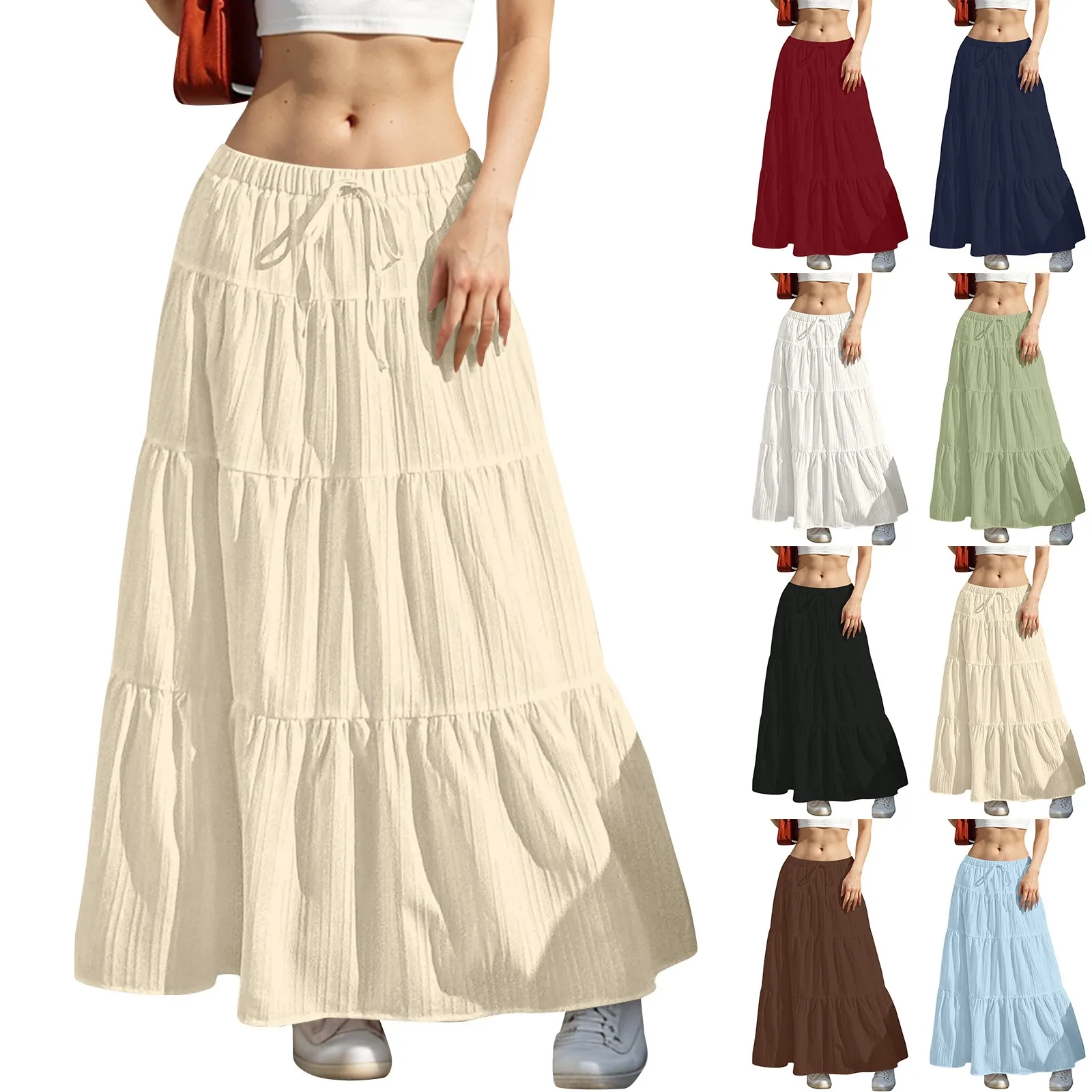 Women's Flared Ruffle Hem Maxi Skirt Fashion Women Solid Long Skirts  Elastic Waist Elegant Long Skirt Spring Summer Cake Dress