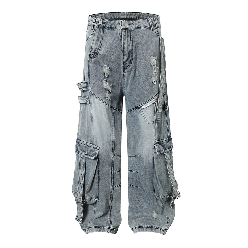 Distressed Hole Washed Blue Baggy Jeans for Men and Women Streetwear Vintage Loose Denim Trousers Oversized Ripped Cargo Pants