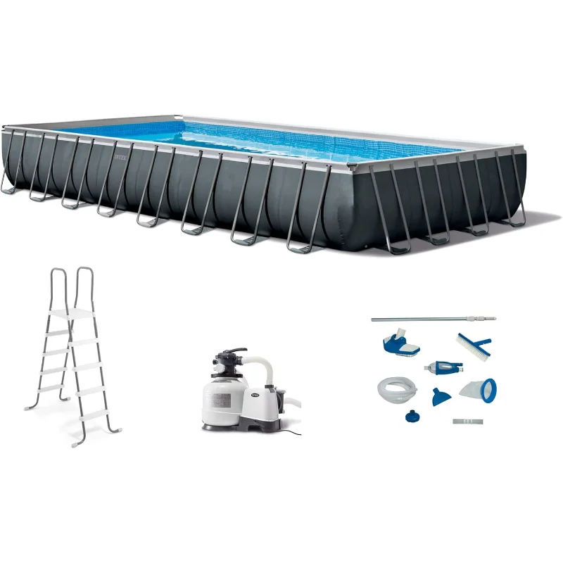 Intex 26373EH Juego de piscina rectangular sobre el suelo con marco Ultra XTR de 32 pies x 16 pies x 52 pulgadas con bomba de filtro de arena, escalera