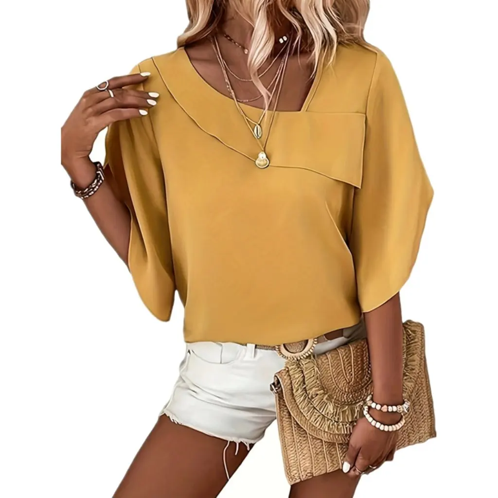 

Summer Women's Elegant Casual Loose Petal Half Sleeve Asymmetric Collar Shirt Top by