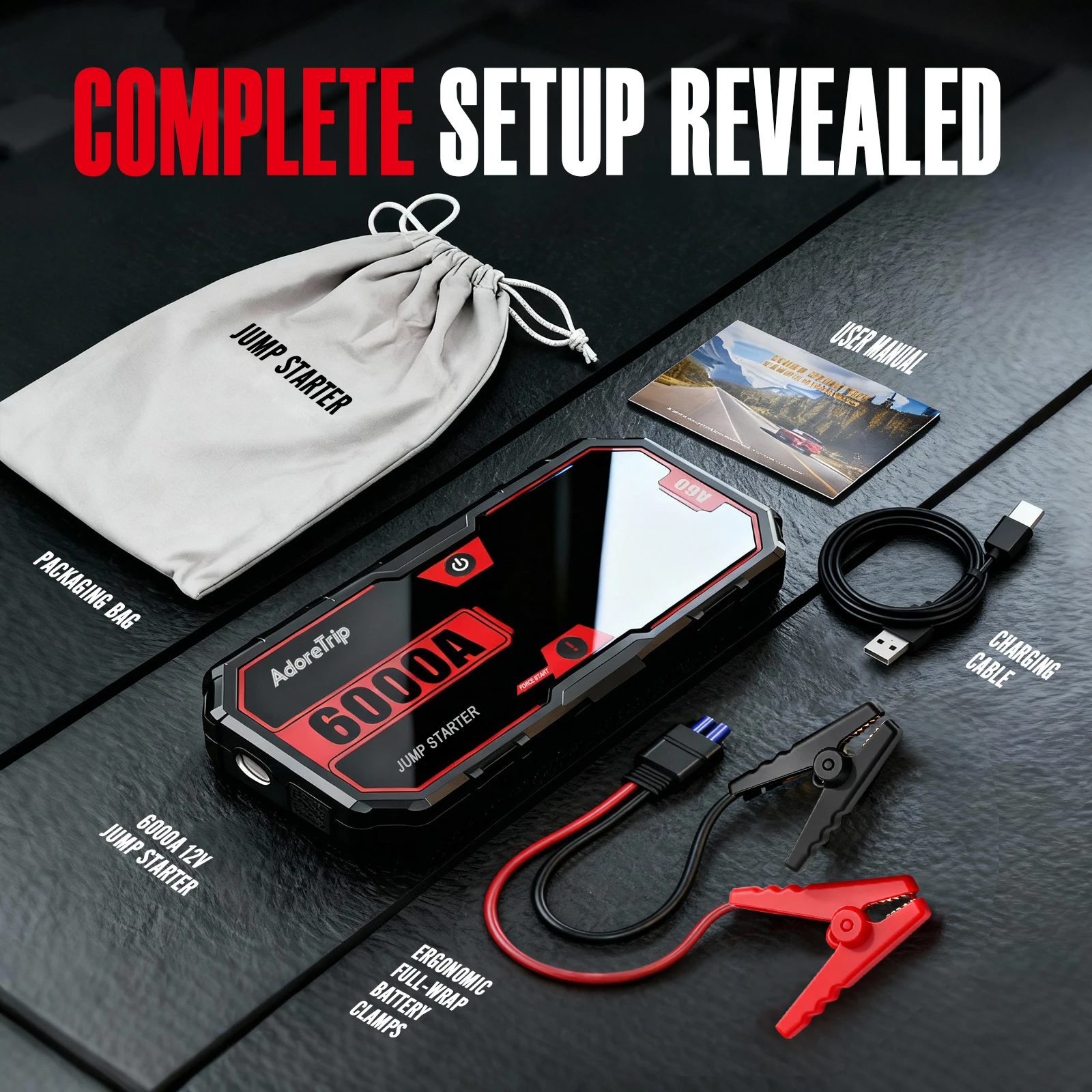 AdoreTrip Car 6250A Draagbare 12V Starthulp Powerbank Auto Accu Booster Startapparaat voor Pick-ups SUV Offroad 4x4