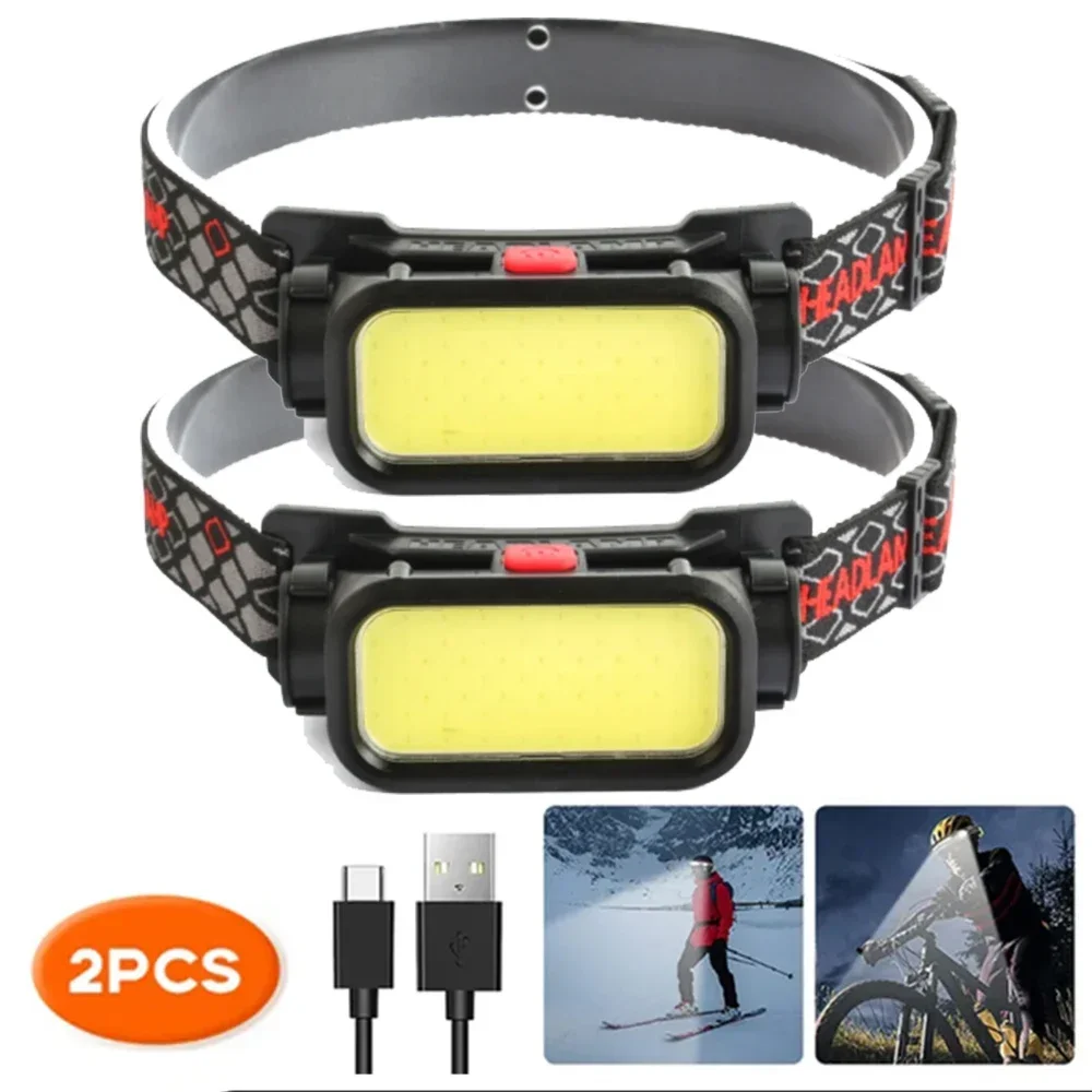 COB Headlight Portable Headlamp With Built-in 18650 Battery Flashlight USB Rechargeable Outdoor Camping Fishing Climbing Lantern