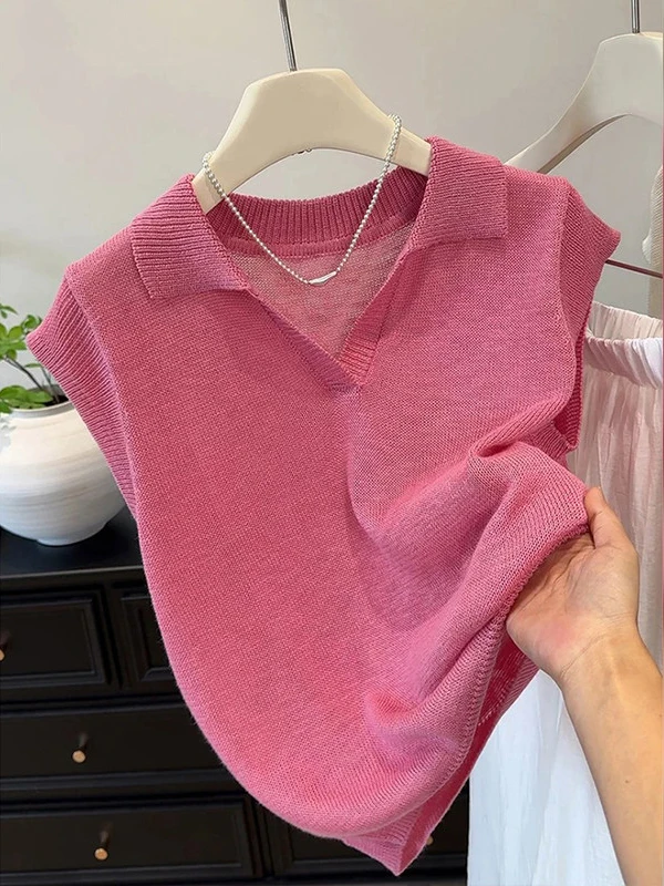 

Summer 2026 Women's Korean Style Pink Ice Silk Neck Knitted Top Casual Breathable Short Sleeve T-Shirt Soft Polyester Fiber