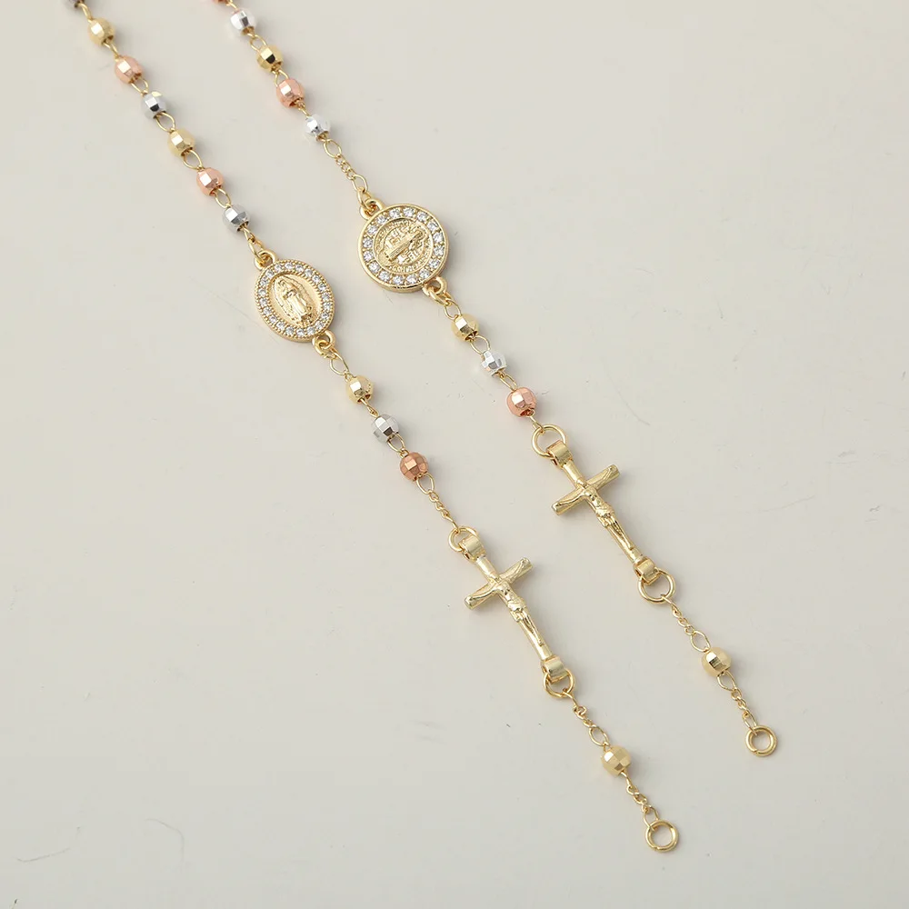 New Religious Copper Rosary Bead Cross Bracelet For Women Cubic Zircon Virgin Mary San Benito Pulsera Wholesale Jewelry