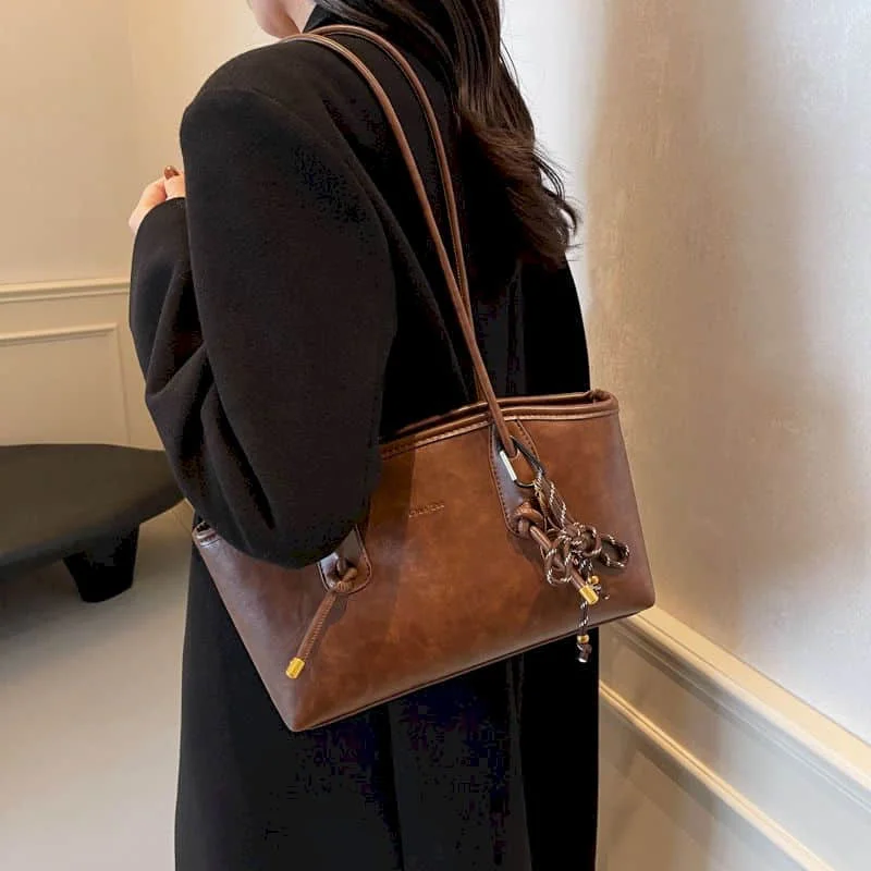 

Shoulder Bags Casual Reusable Portable Vintage Soft PU Office Luxury Bag Solid Handbags Personal High-capacity Travel Tote Bags