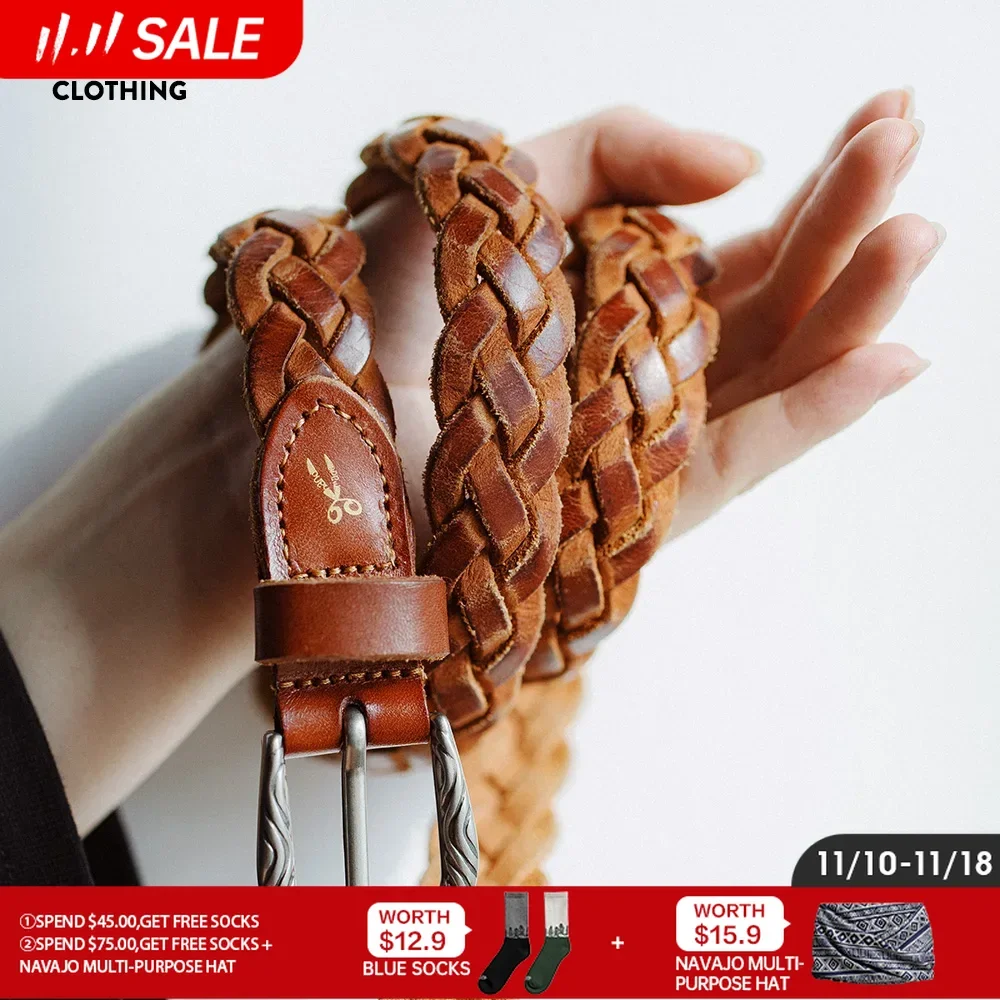 

Maden Vintage Veg-Tan Cowhide Braided Belt for Women Leather Belt Simple Accessory Belts with 3 Strands of Weaving Craftsmanship