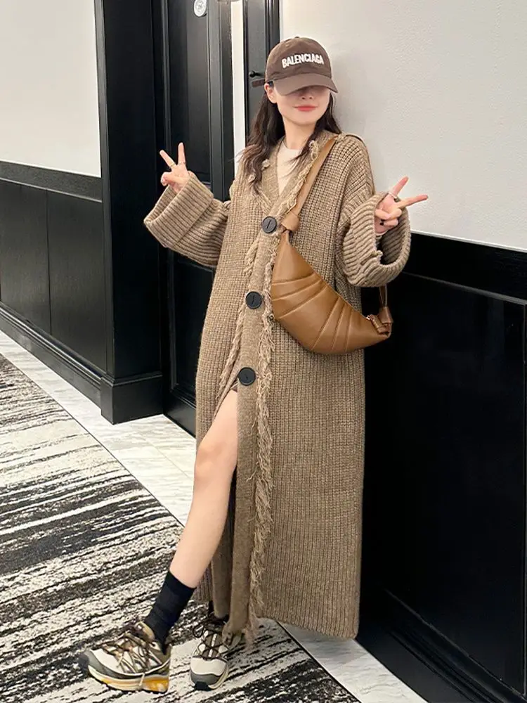 Retro Loose Lazy Contrast Color Hooded Long Cardigan Over-the-knee Knitted Sweater Jacket Women's Trendy Coat