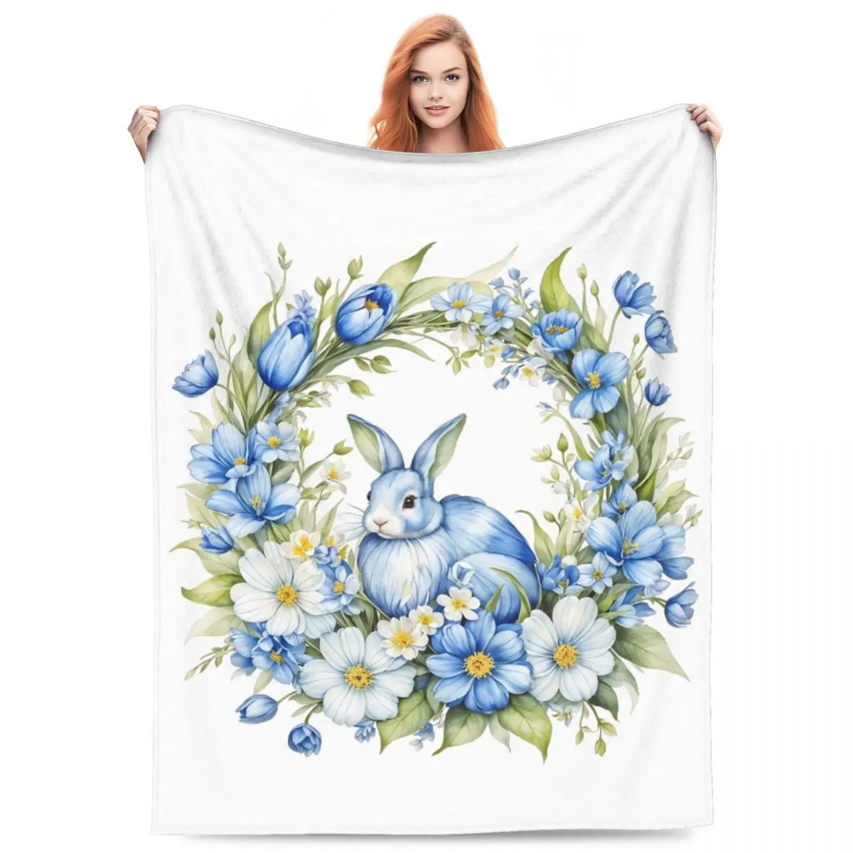 Warm Soft Blanket Camping Easter Egg Throw Blanket Blue Rabbit Flannel Bedspread Living Room Graphic Sofa Bed Cover