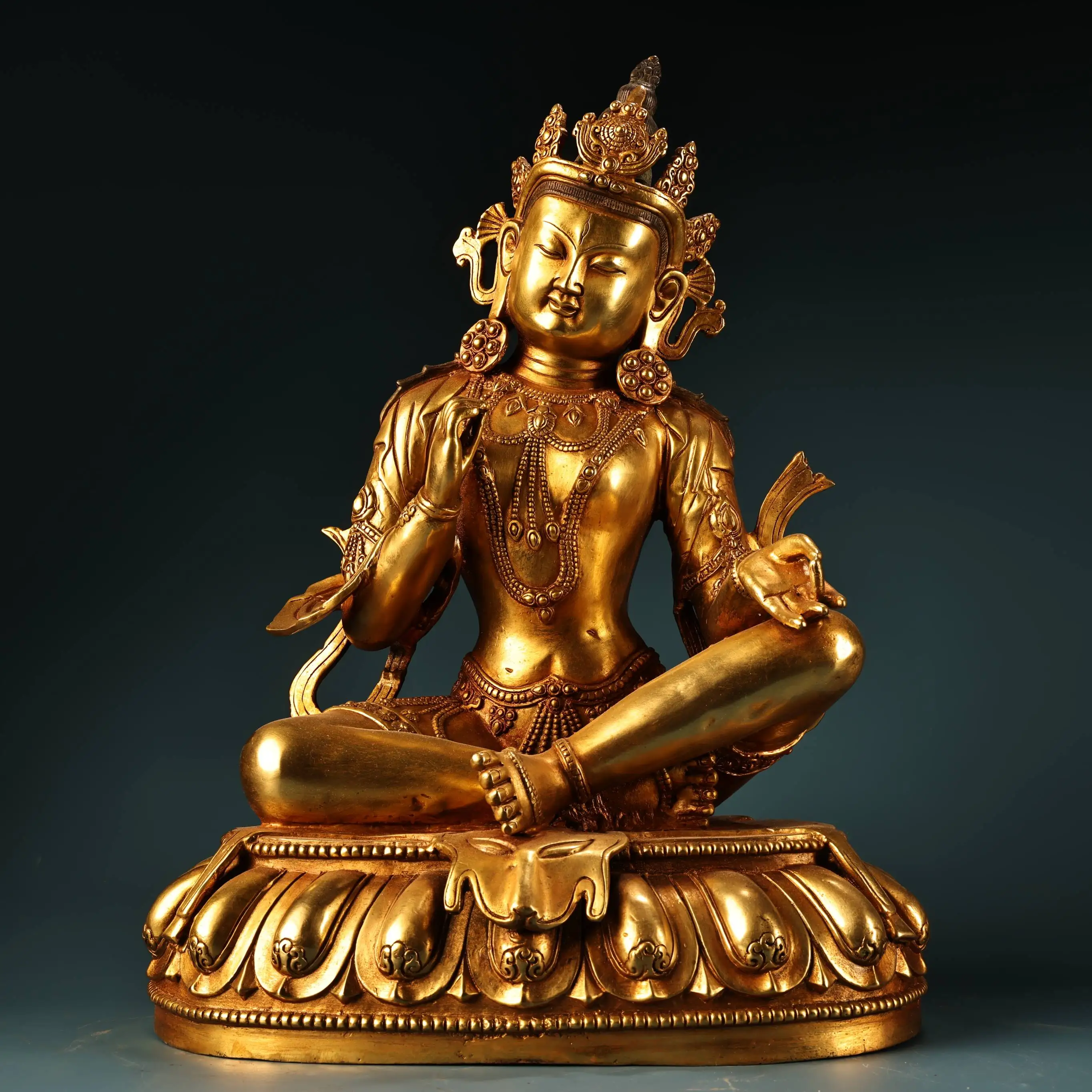 Collection Old Bronze Gilded High Relief Green Tara Sitting Buddha Lotus Terrace Amitabha Worship Hall