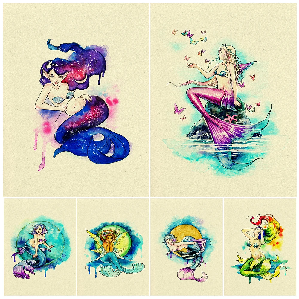 

Beautiful Mermaid And Moon Watercolor Art Poster Print Magic Mermaid Fairy Vintage Wall Art Canvas Painting Home Decor Unframed