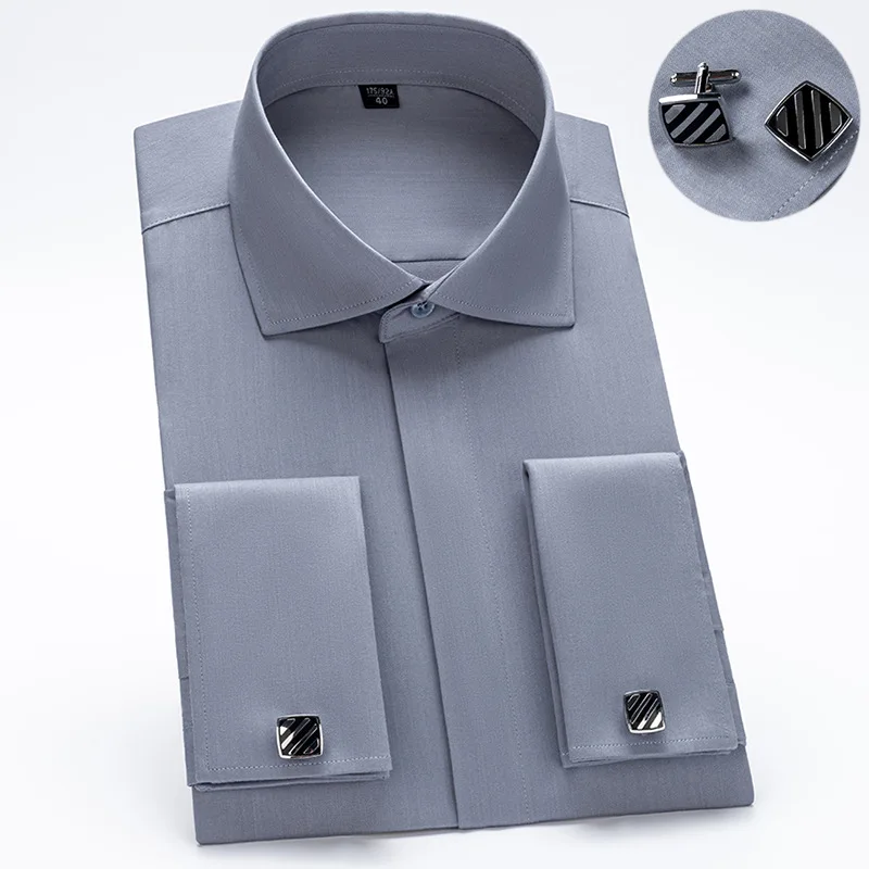 

Windsor Collar French Cuff Dress Shirt Fashion Men's Long Sleeve Luxury Business Formal Shirts Covered Button Cufflink Shirt