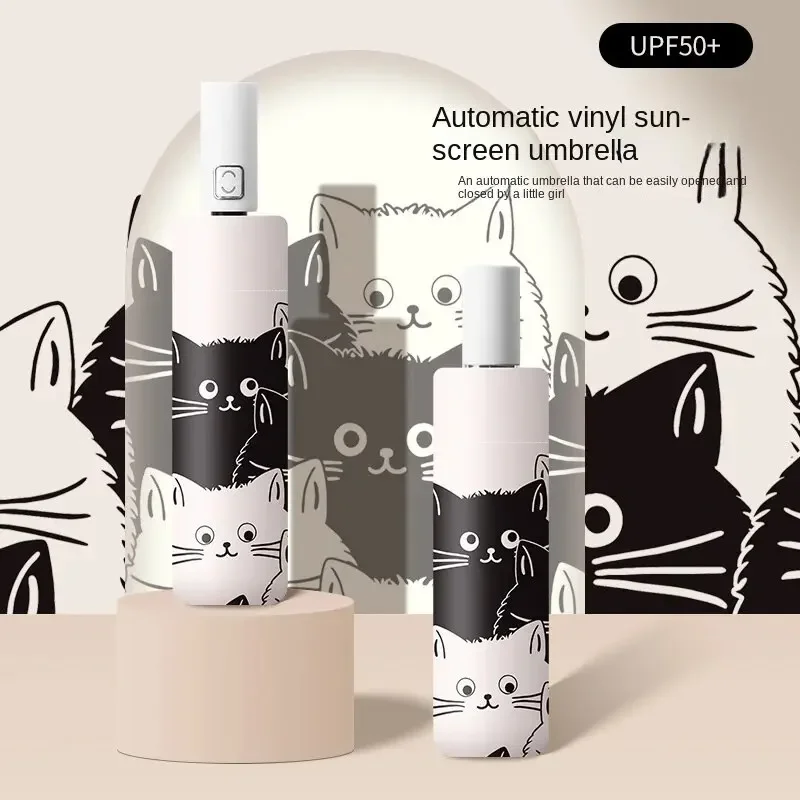 1pc Simple Cartoon Kittens Printed Black And White Automatic Umbrella, Sunny And Rainy Dual-use UV Protection Umbrella