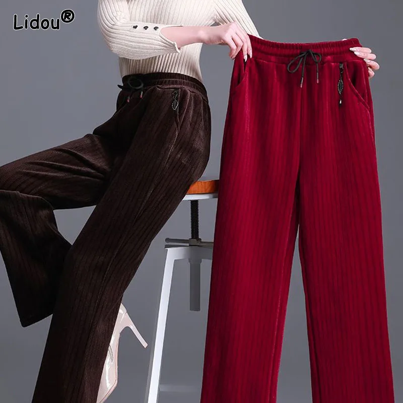 Corduroy Wide Leg Trousers Women High Waist Drawstring Ankle-length Pants Solid Casual Pendant Design Fashion Pockets Keep Warm