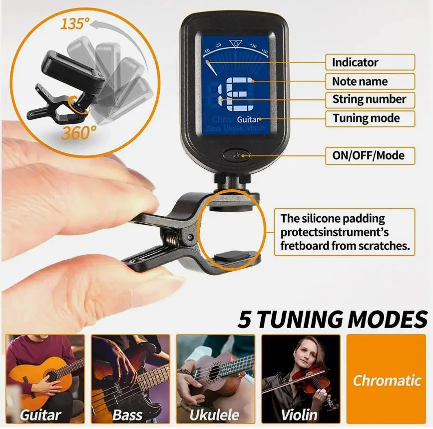 Multifunctional Tuner Rotatable Clip-On Tuner Lcd Display For Chromatic Acoustic Guitar Bass Ukulele Guitar Accessories