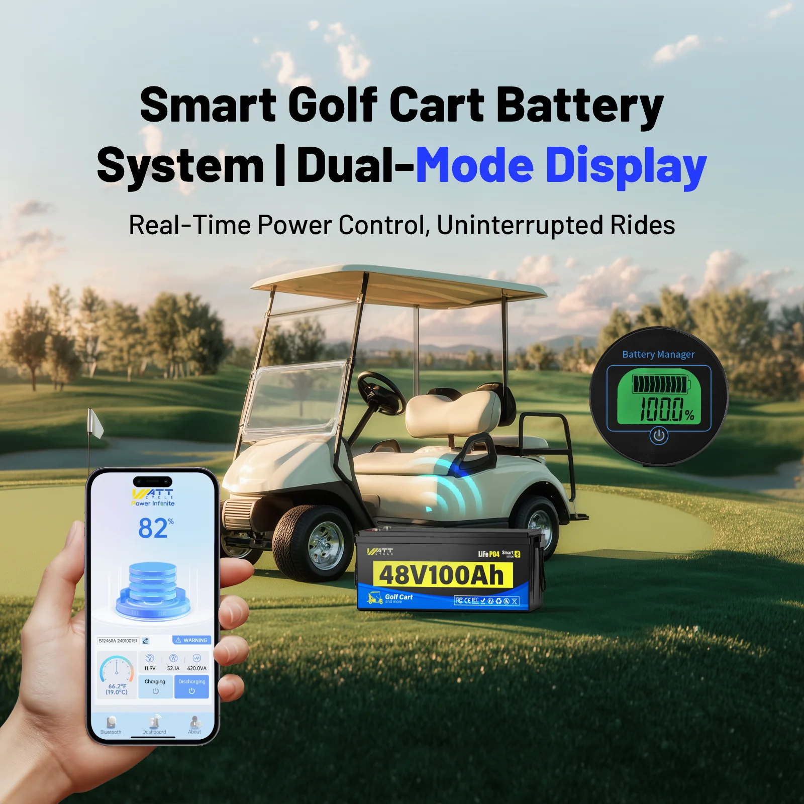 Wattcycle 48V 100Ah LiFePO4 Lithium Battery Golf Cart 200A BMS 5120Wh Energy 600A Peak Current Bluetooth 15000+ Deep Cycles