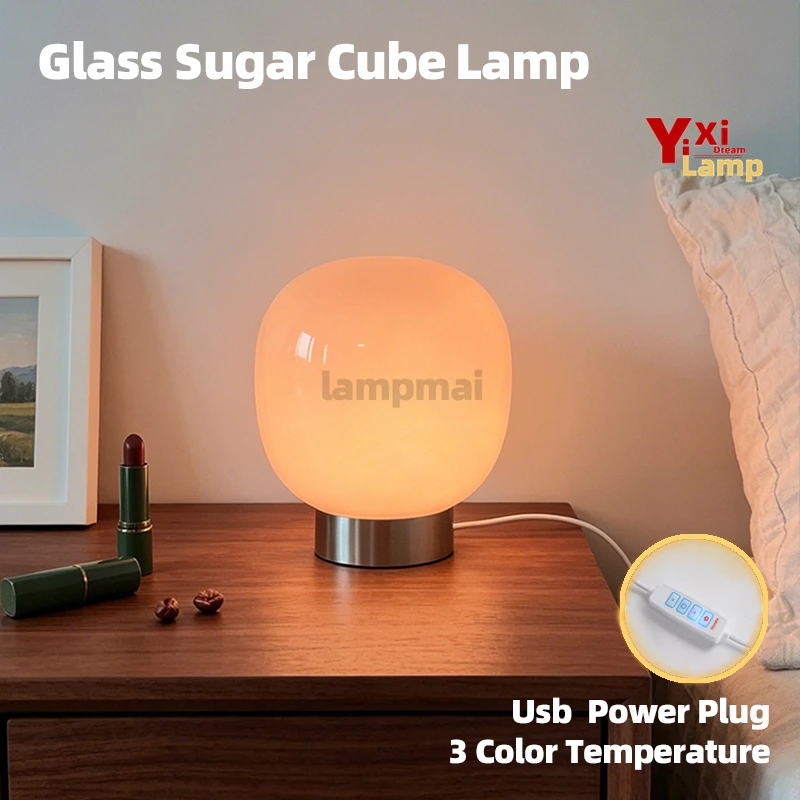 Murano Glass Sugar Cube Table Lamp, Bauhaus Minimalist Bedside Lamp, Decor Light for Bedroom, Dorm & Living Room