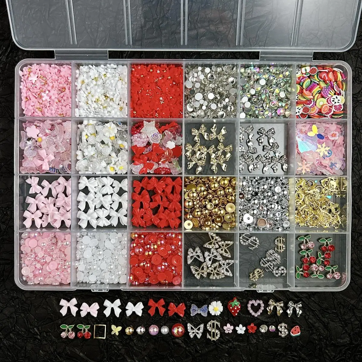 

1Box Mini Five-petal Flowers Transparent Camellia Resin Nail Charms Exquisite Alloy Ribbon Bow Dollar Nail Art Decorations DIY