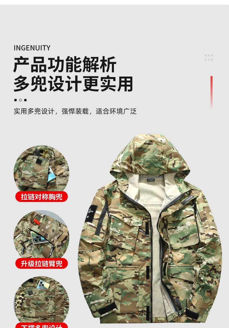 Frühling Herbst Herren Camo Ripstop Taktisches Zweiteiler-Set mit Kapuze, Mehrere Taschen, Verschleißfest, Elastische Manschetten, Arbeitskleidung, Jagd, Outdoor L – Detail 9
