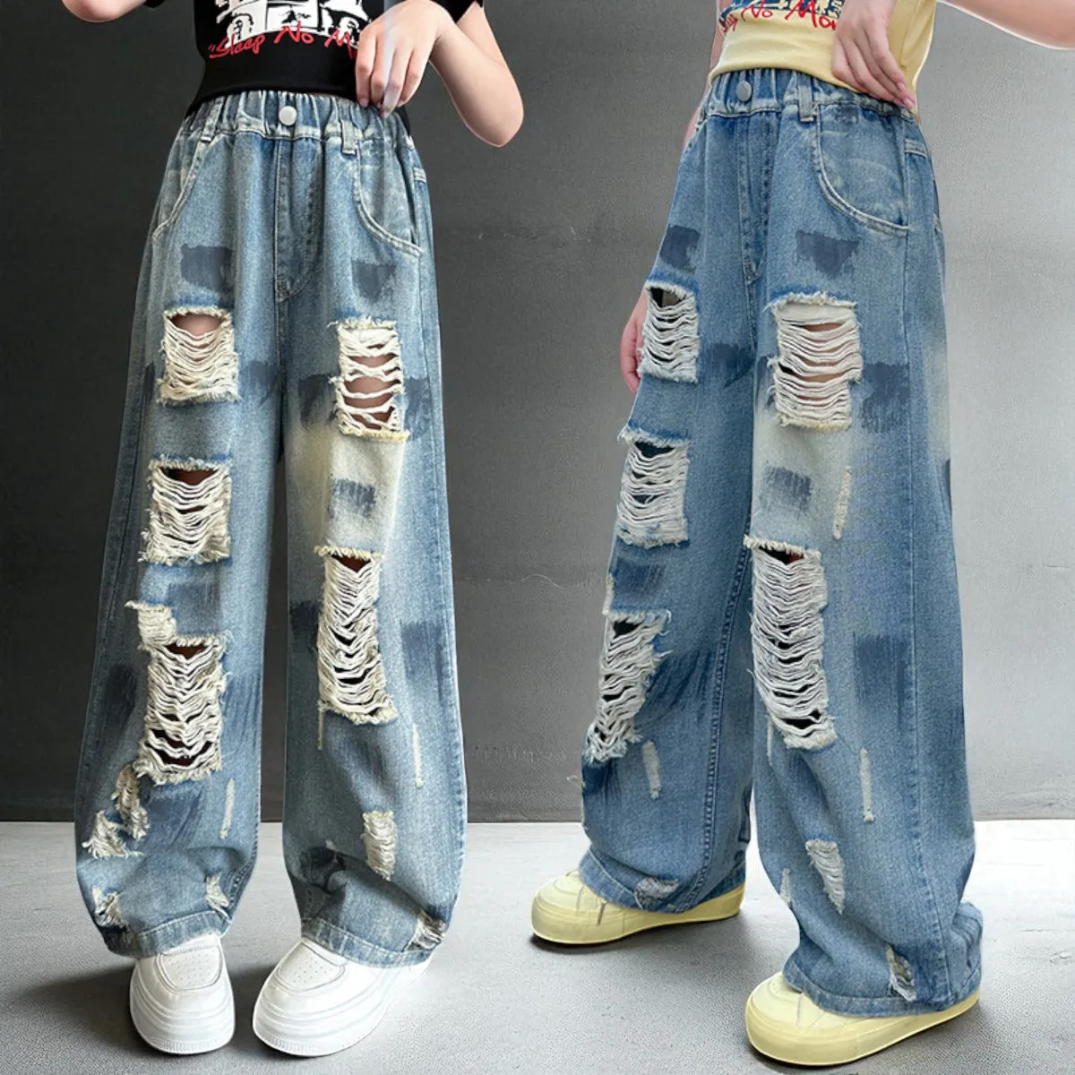 

Girls Ripped Jeans Girls Wide Leg Pants Girls Outfits Loose Trousers Streetwear Denim Pants Children Clothes 6 8 9 10 12 13 Year