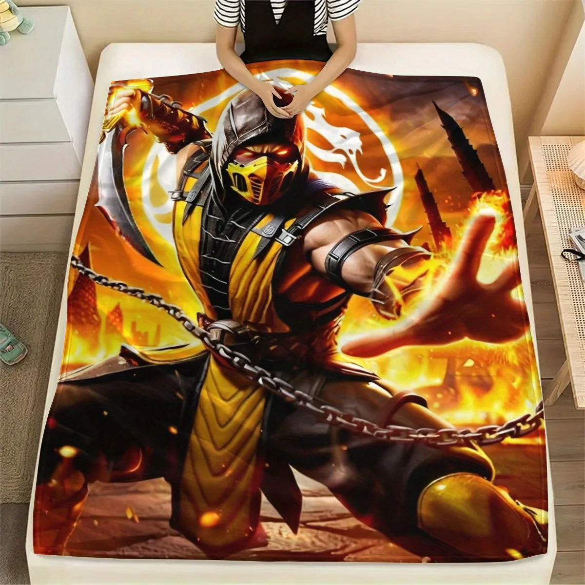 Cool Ninja Scorpion Fire Fighting Character Pattern Flannel Blanket Warm Cozy Printed Throw Blanket Living Room Bedroom Travel