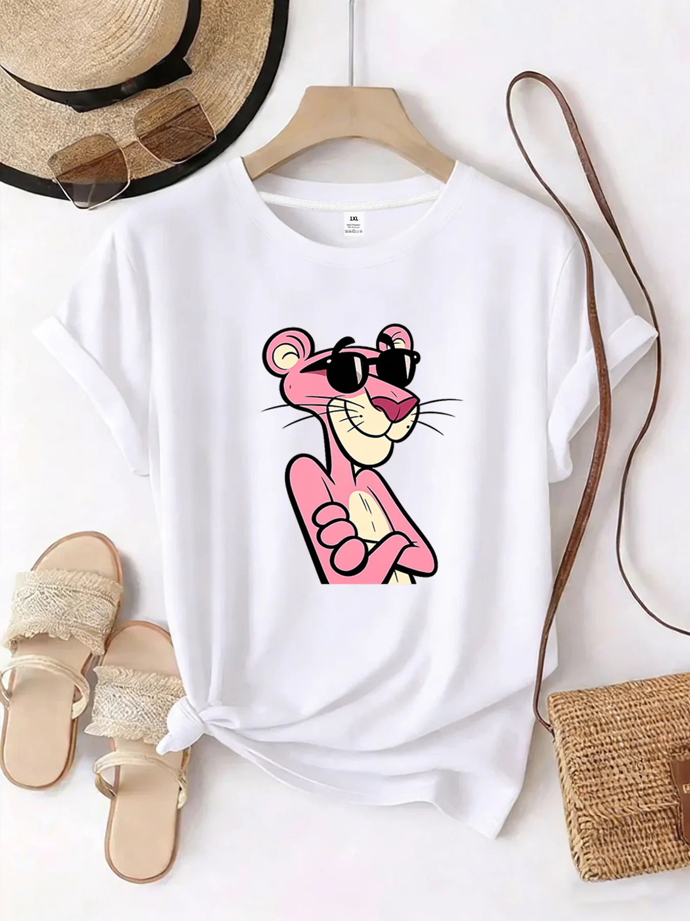 

【YJ00047】Розовая женская футболка больших размеров с круглым вырезом, короткими рукавами, эластичными рукавами до локтя и модными принтами.