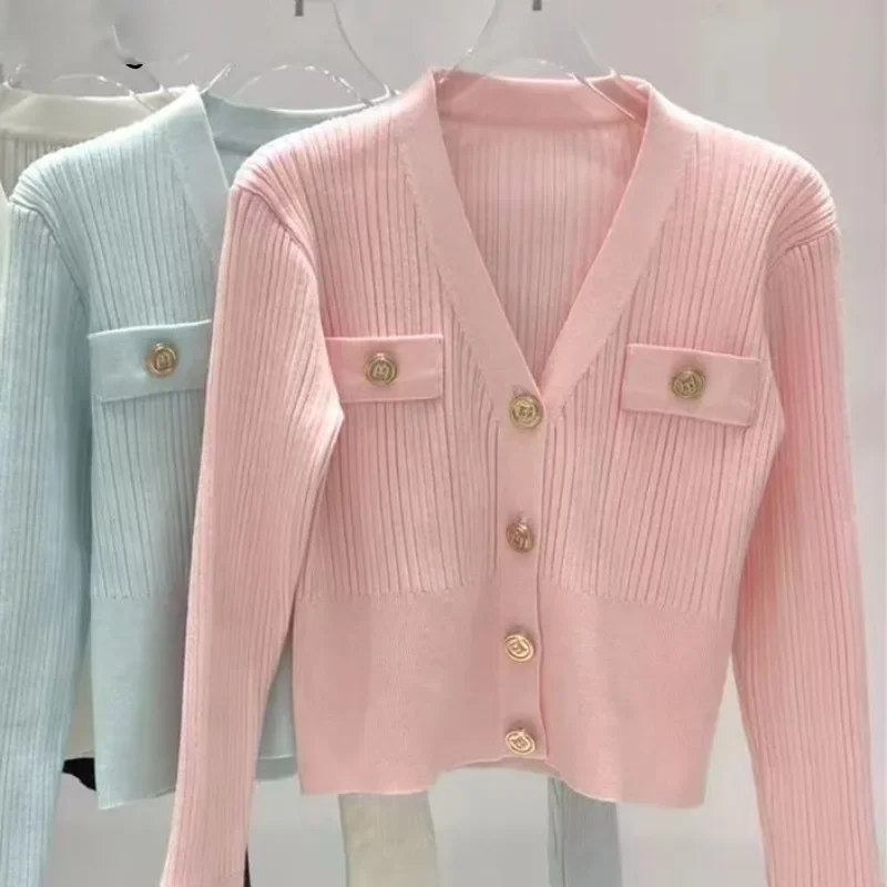 

Вязаный кардиган, женская одежда, розовый кардиган с v-образным вырезом и длинными рукавами, Mujer, модный вязаный укороченный свитер, топ Pull Femme