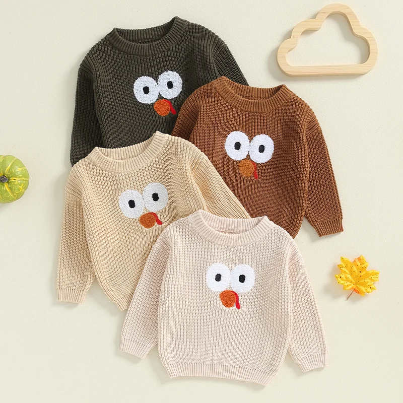 EWODOS Girls Boys Sweater Thanksgiving Clothes Turkey Embroidery Crew Neck Long Sleeve Baby Pullovers Tops Baby Autumn Clothes