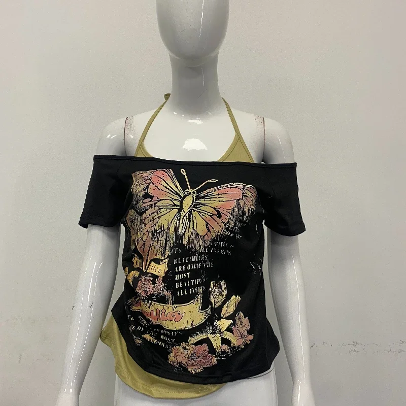 Camisetas Vintage de dos piezas falsas con cuello Halter para mujer, Tops cortos ajustados estéticos Y2k, camiseta Sexy informal Harajuku con estampado Grunge de verano