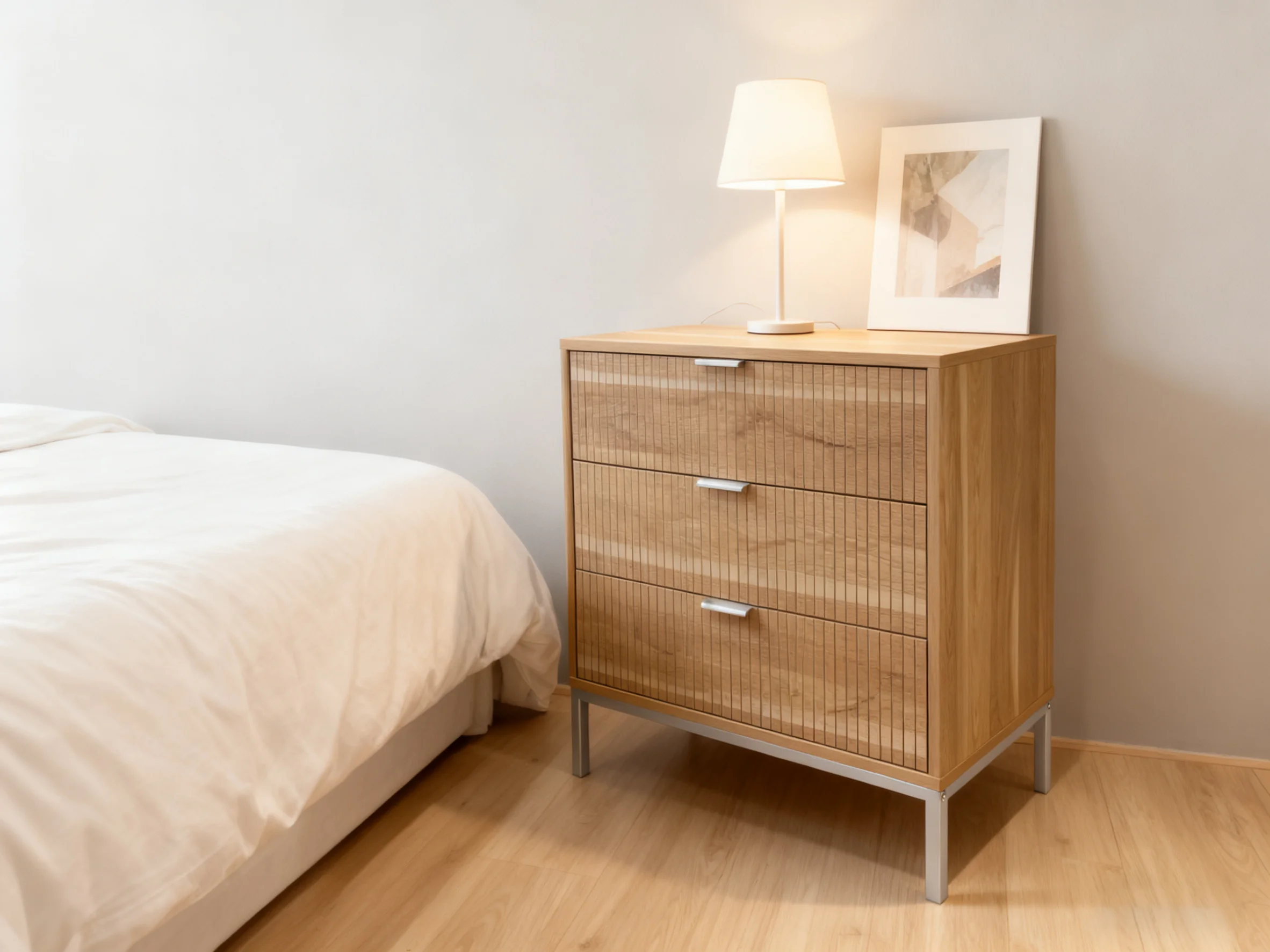 

！@Combohome Modern Natural Oak Color MDF Living Room Chest of Drawers with 3 Drawers and White Metal Legs
