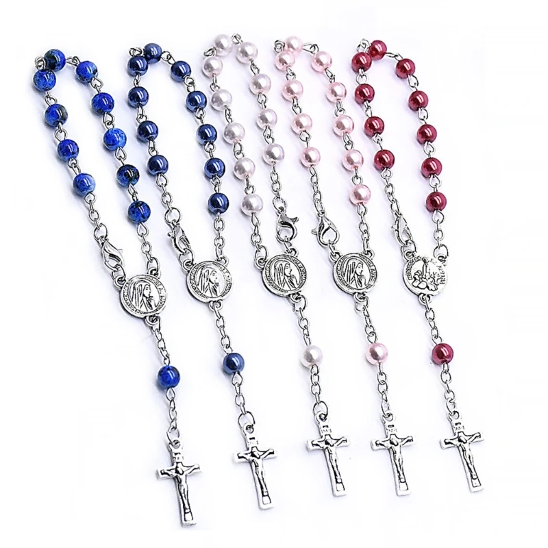 Glass Pearl Beaded Finger Chain Catholic Cross Rosary Bracelet Baptism Communion Gift for Women Prayer Party Jewelry