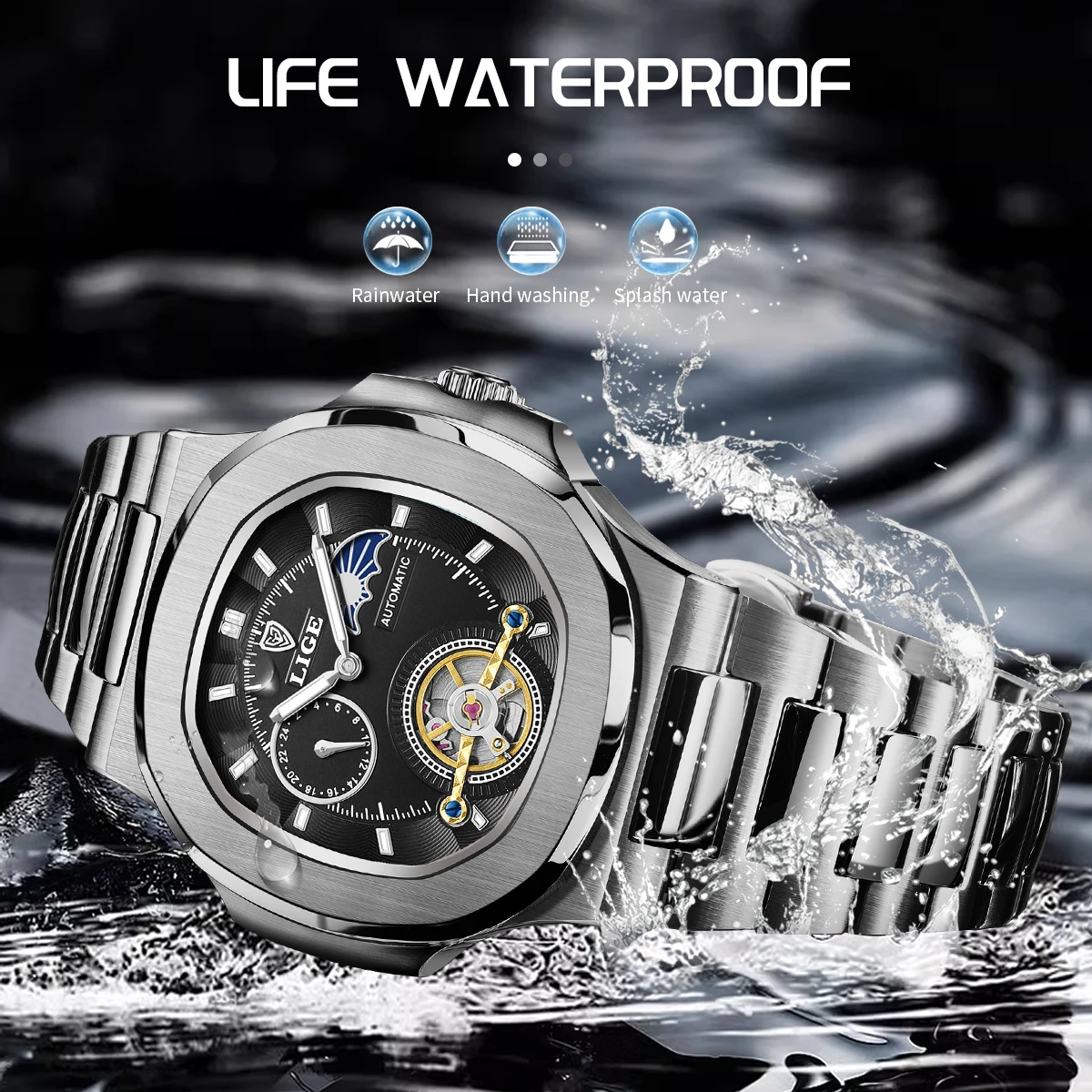 LIGE Dual Seconds Tourbillon Watch 24 Hour Mechanical Watch Men Stainless Steel Authentic Watch Night Glow Waterproof Mens Watch