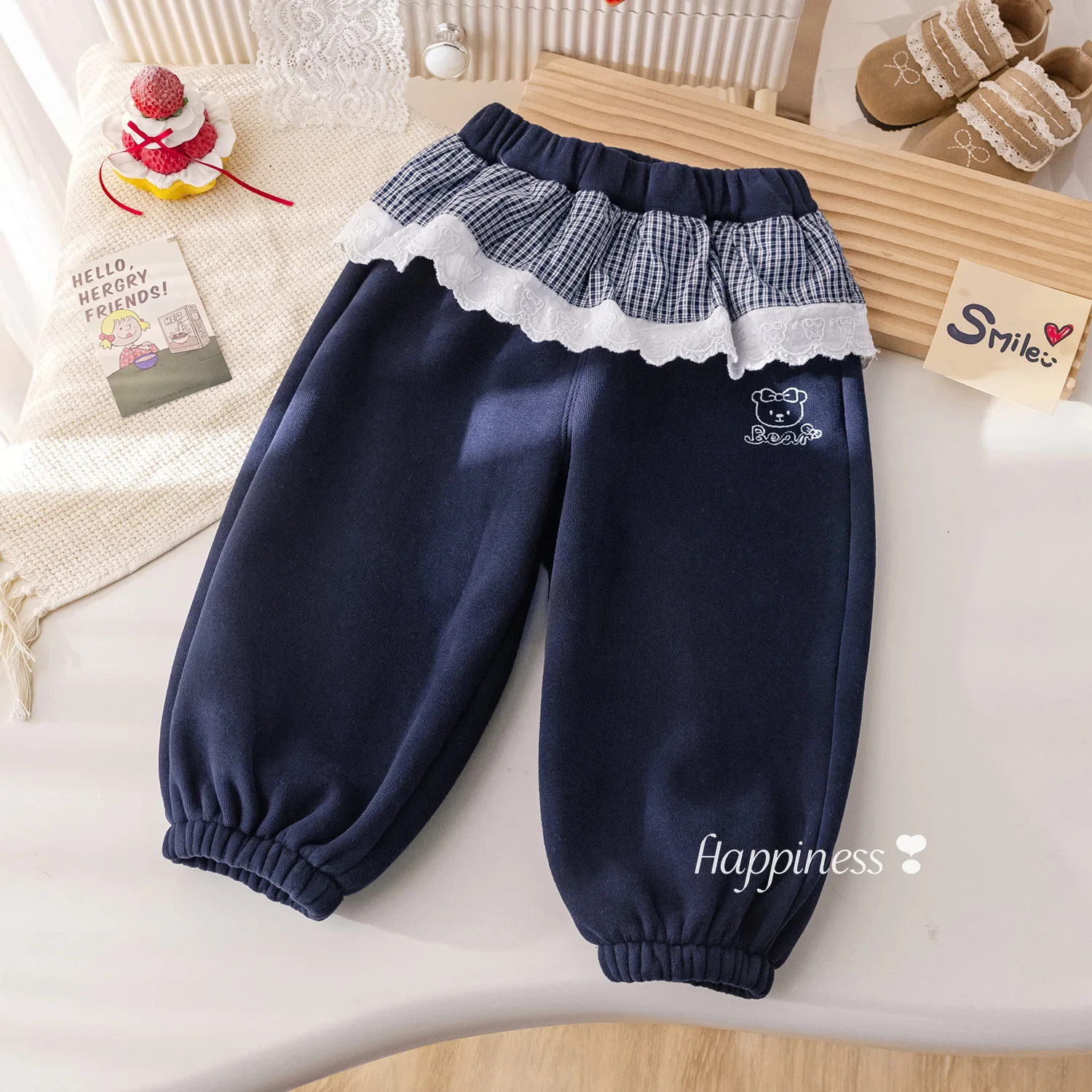 

2025 Winter Kids Girls Pant Lace Plaid Patchwork Thicken Warm Infant Baby Girls Fleece Trouser Korean Loose Toddler Girls Pant