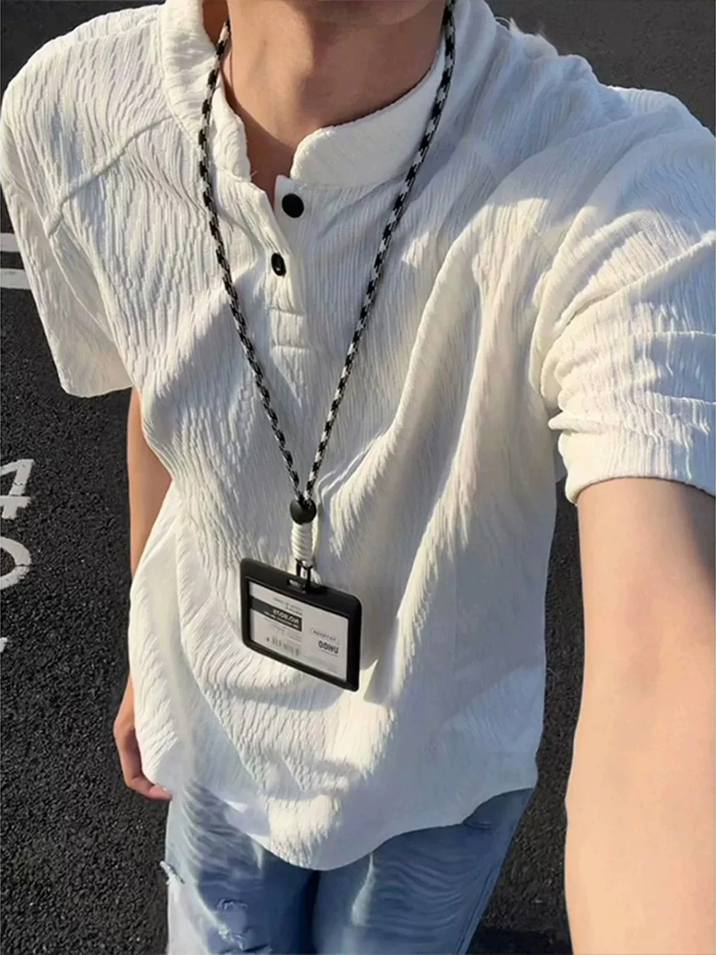 Men's Henry Collar Short Sleeve  Shirt Textured Sensation Shoulder T-Shirt American Heavyweight Half Sleeve Summer Fashion
