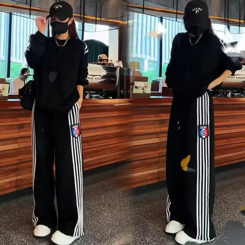 Spring Autumn 2026 New Casual Sportswear Set Women's Color Block Stripe Anti-Aging Loose Fashionable Sweatshirt Two-Piece Trendy