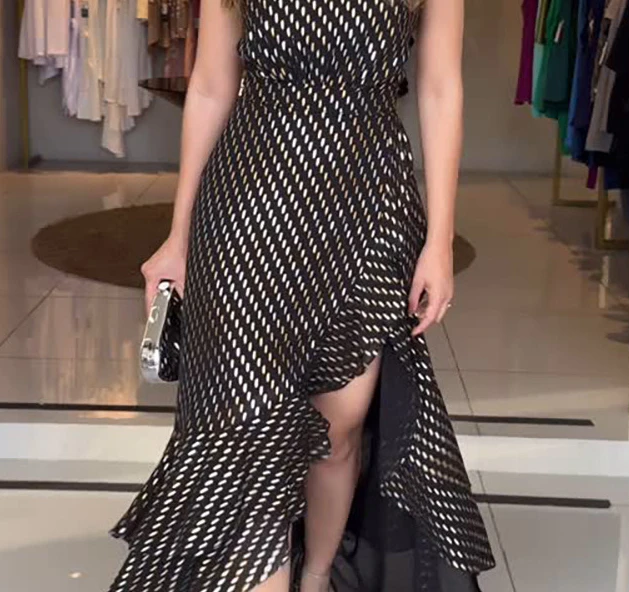 Robe Maxi sans manches pour femmes, élégante, asymétrique, à volants, fente, slim, moulante