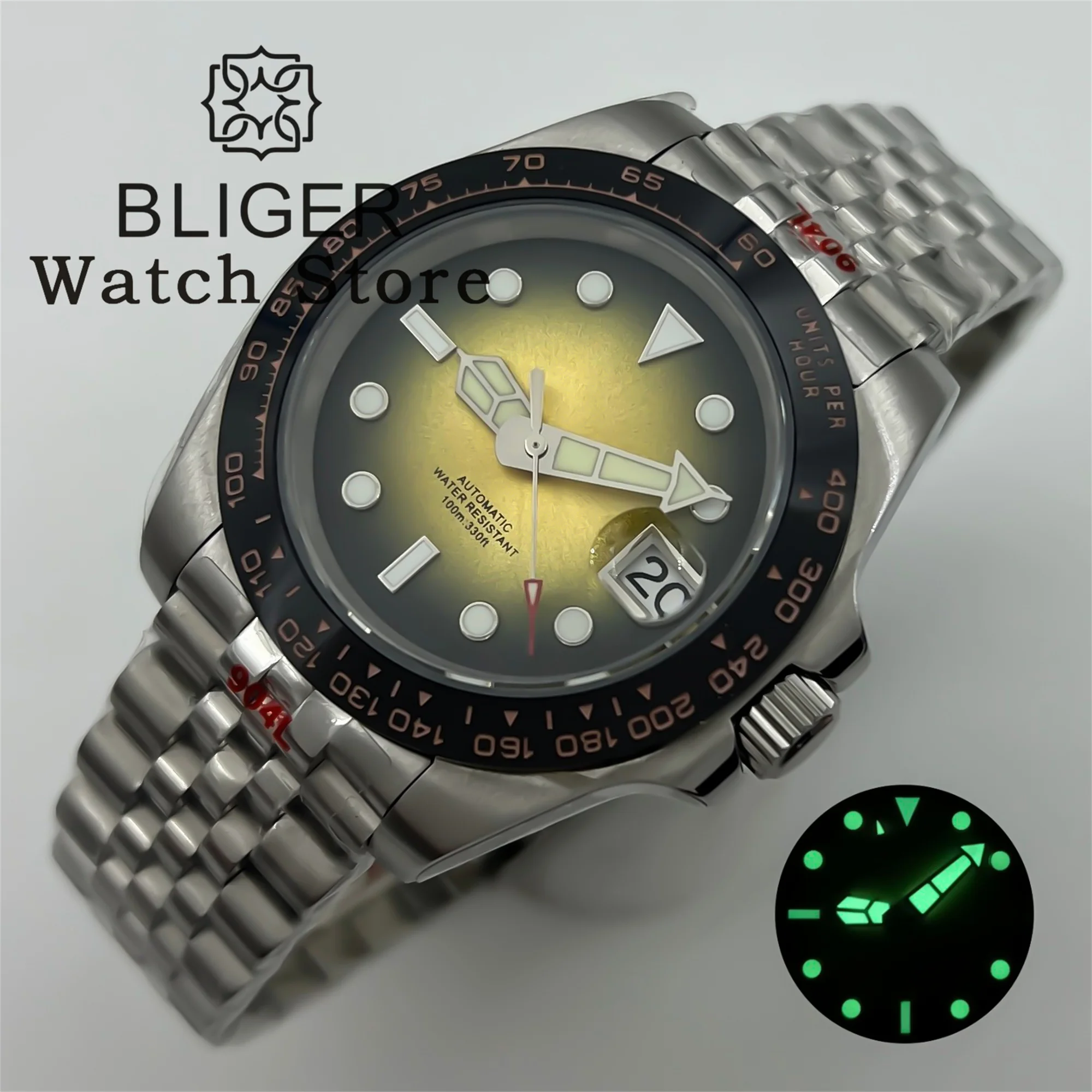 BLIGER 40mm NH35A Automatic Mechanical Diving Watch For Men Ceramic insert Gradient Yellow Dial Sapphire Glass Steel bracelet