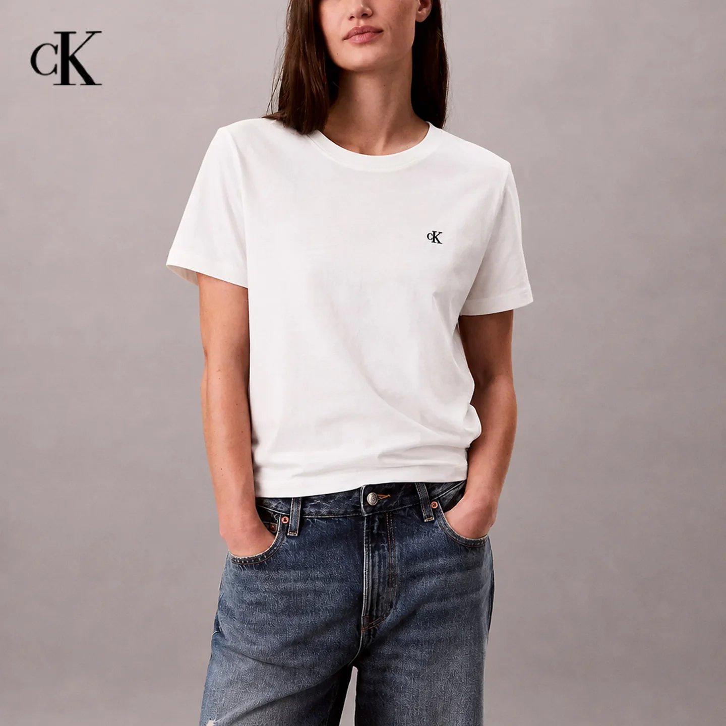 CK Women Crew Neck Short Sleeve Tee Classic Fit Chest Embroidery Simple Stitch Detail Casual Ladies Daily Tops