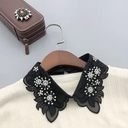 Muñeca de encaje hueco para mujer, cuello falso, suéter de blusa, Cuello de camisa desmontable, solapa, Top con diamantes de imitación, decoración