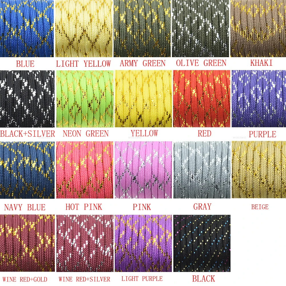 1 peça novo cabo de ouro prata 550 paracord cabo de pára-quedas cordão mil spec tipo iii 7 fios núcleo 100 pés 19 cores