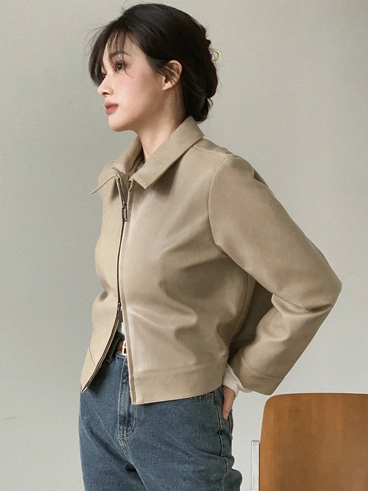 Retro Ele solapa doble cremallera suelta versátil Jaet cuero abrigo mujer coreano Sle Top PU cuero largo Sve ort L...