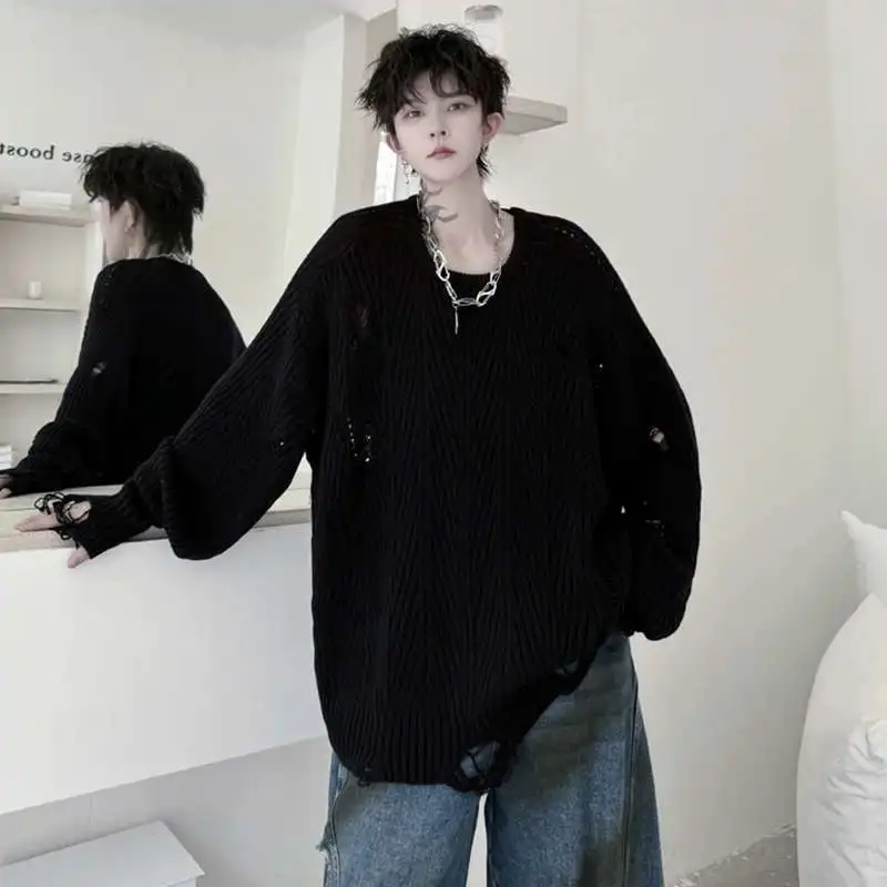 루젠 스웨터 풀오버 2025 루즈핏 솔리드 니트 컬러 홀로우 탑스 개성있는 멋진 트렌디 남성 캐주얼 아우터웨어 JY4682