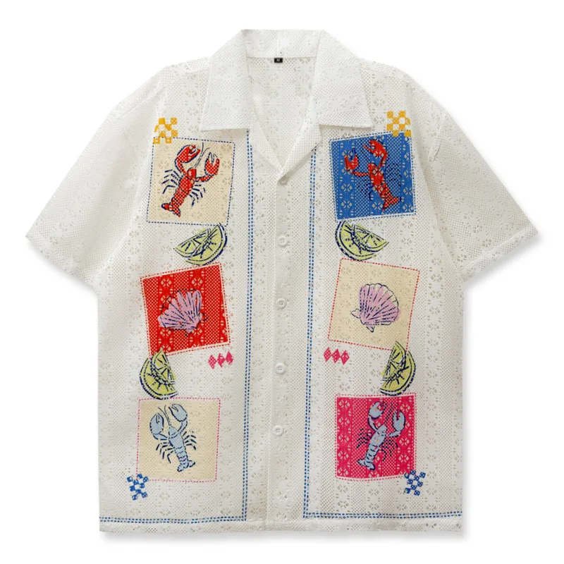 Summer Breathable Camisa Fashion Masculina Shirt See-through Streetwear Casual White Shirts Flower Shirt Short Sleeve Men Shirt